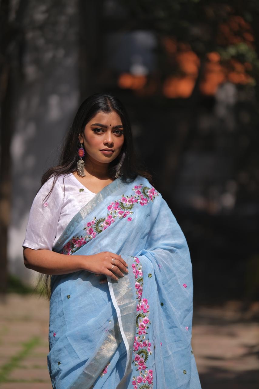 Embroidery Soft Linen Designer Sarees