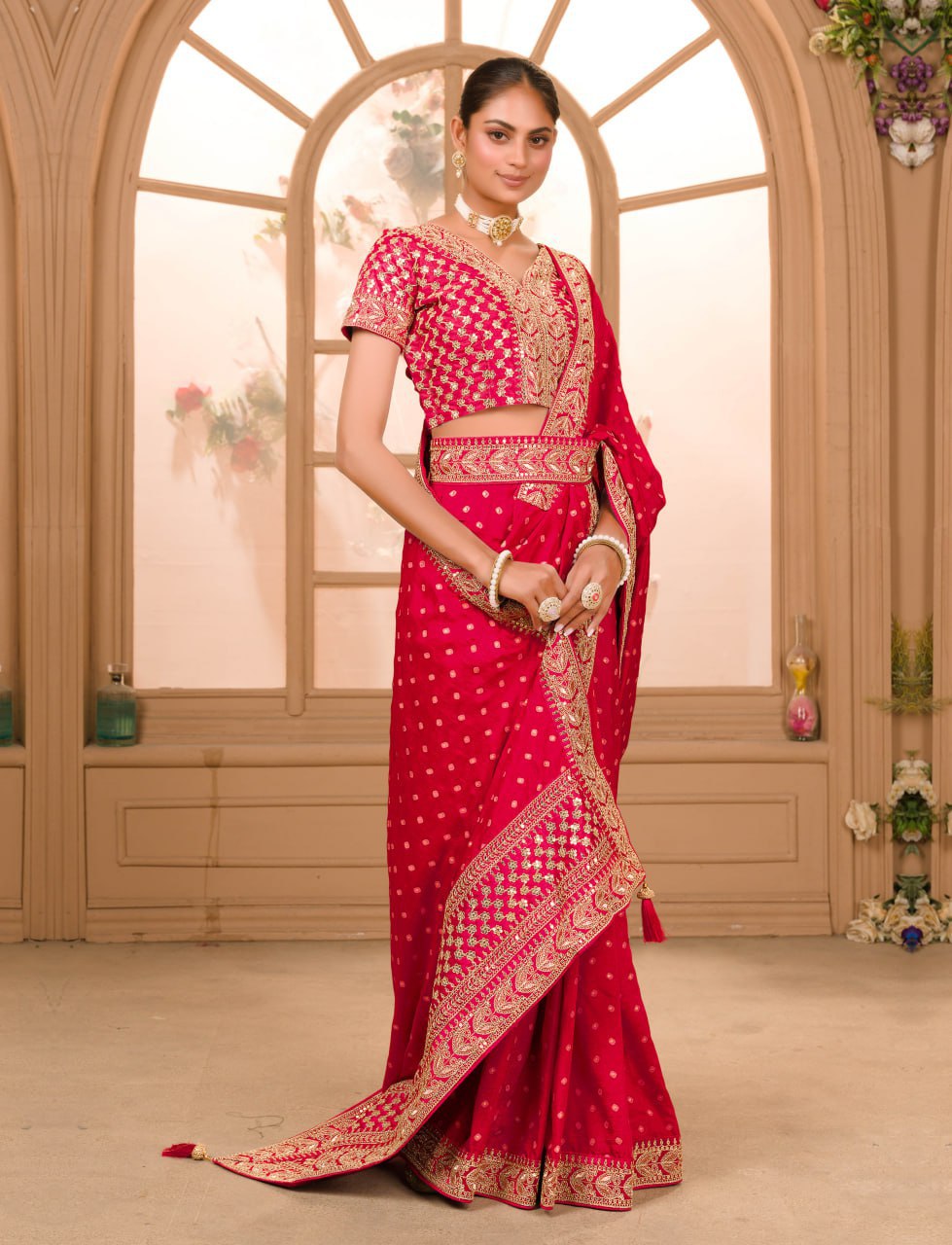 RANI COLOUR ZARI SEQUENCE WORK DESIGNER SAREE WITH BLOUSE