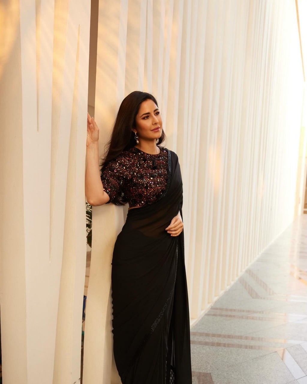 Black georgette Saree work : black sparkle lace border on saree