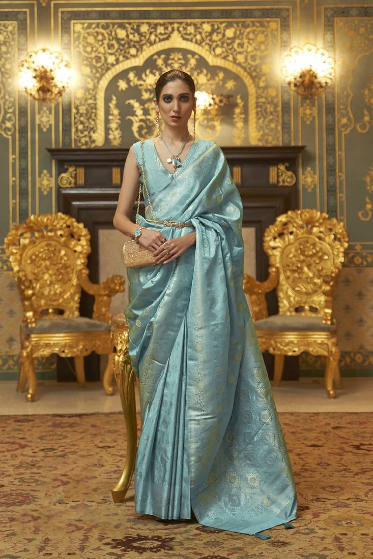 Sky Blue Woven Satin Saree With Blouse