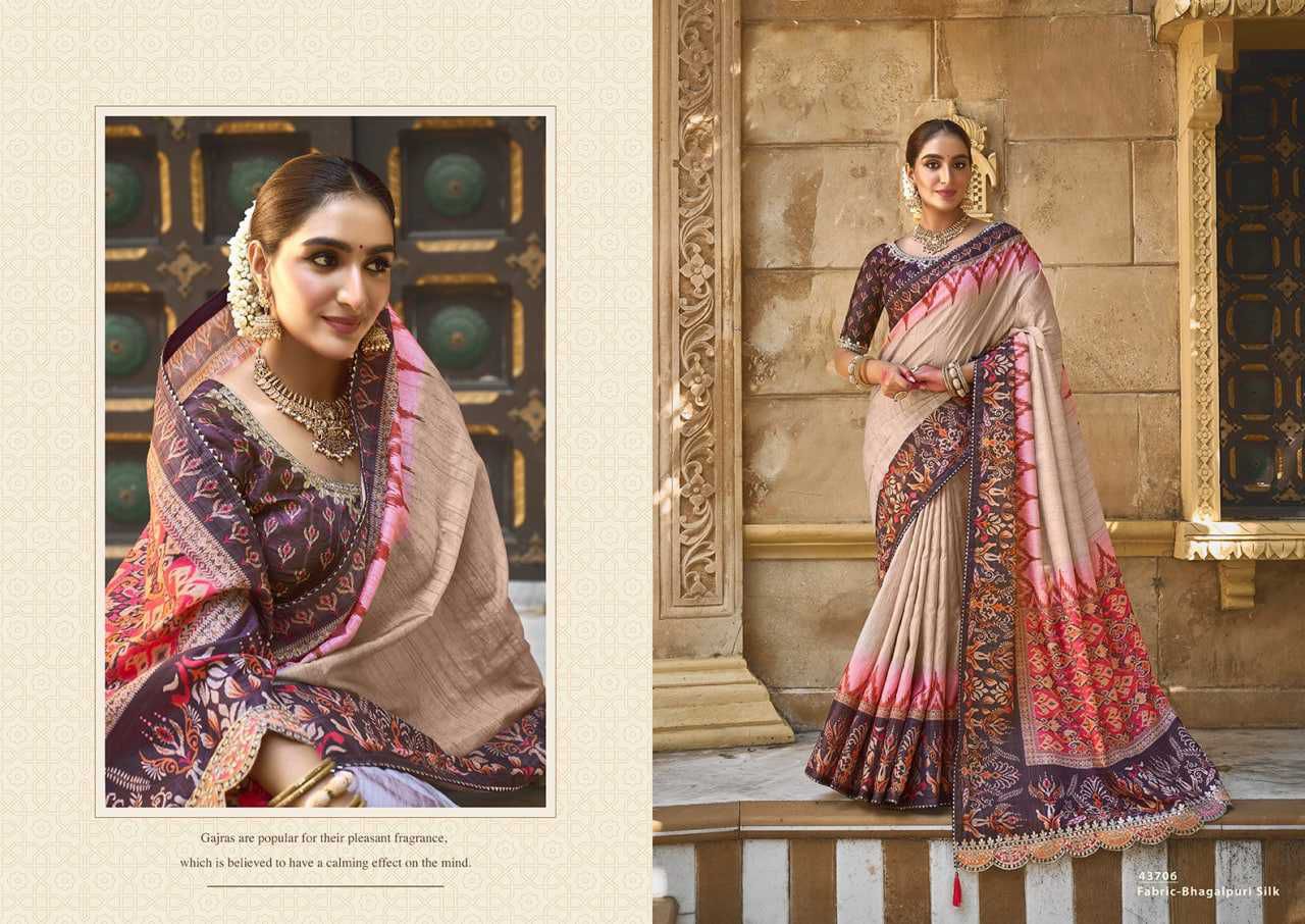 Exquisite Gajji Silk Floral Print Saree with Handwork & Stone Border