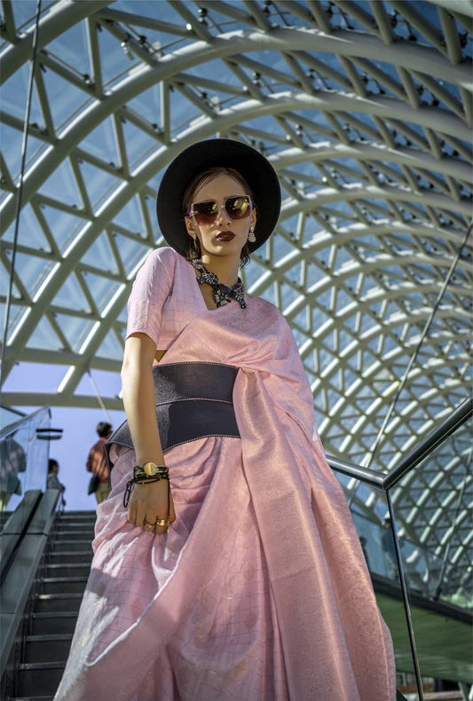 Pure Katan Silk Checks Handloom Weaving Saree (Light Pink)