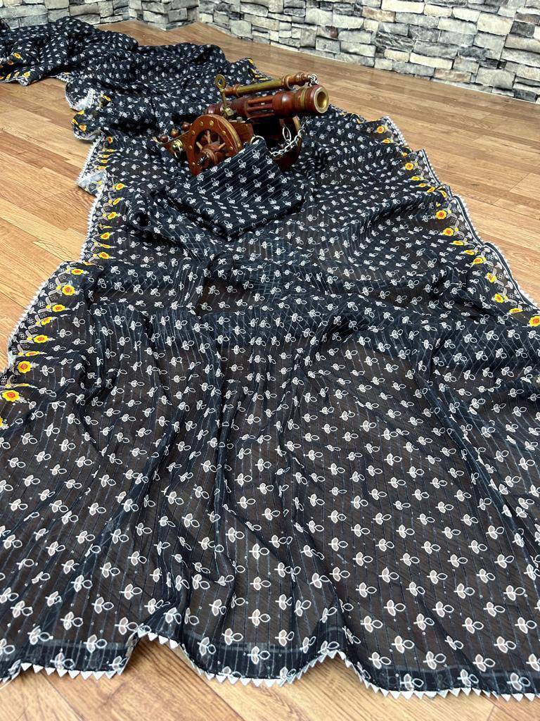 GEORGEET SAREE WITH DIGITAL PRINT DESIGN WITH CROSEK SEQUENCE DESIGN WORK