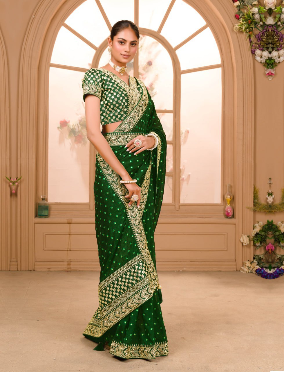 GREEN COLOUR ZARI SEQUENCE WORK DESIGNER SAREE WITH BLOUSE
