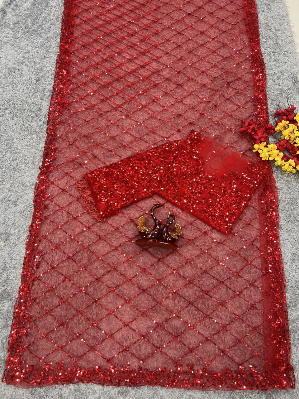Beautiful sequins Saree Embroidery C Pallu Work with Cutwork in border