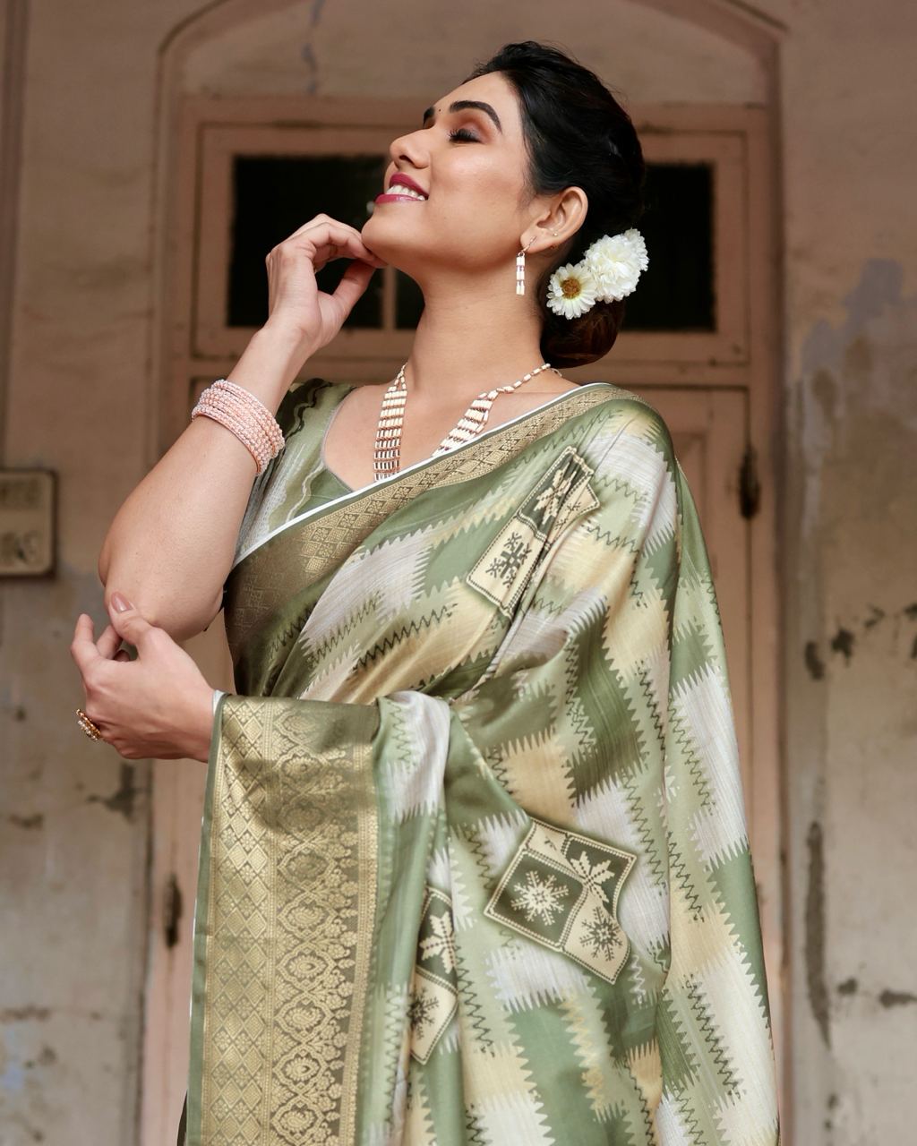 Green Digital Print Dolla Silk Party Wear Ethnic Saree With Blouse