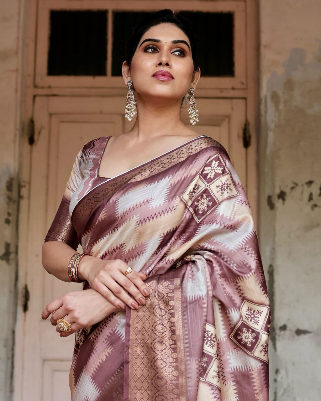 Brown Green Digital Print Dolla Silk Party Wear Ethnic Saree With Blouse