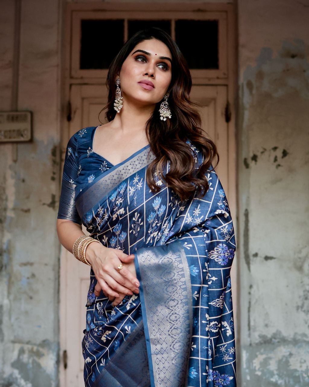 Navy Blue Color Pure Silk Digital Printed Party Wear Saree