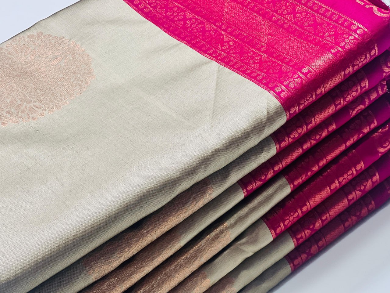 Designer banarsi handloom in kanjiavaram kubera silk concept with contrast pallu border and designer brocade blouse