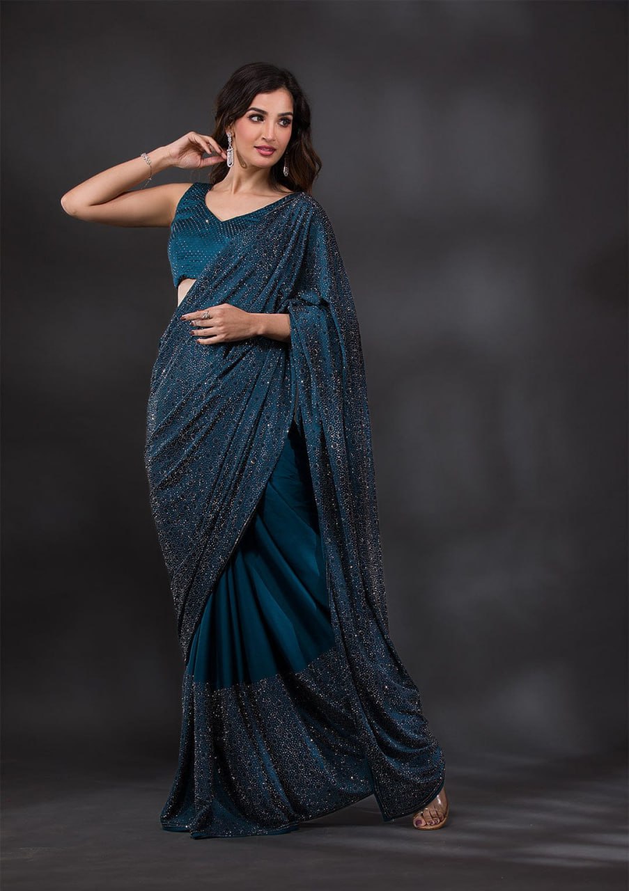 Peacock Blue Swarovski Semi Crepe Designer Saree