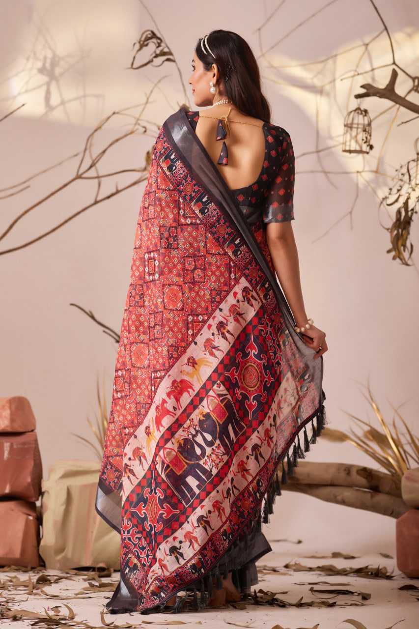 Premium Linen Cotton Saree with Digital Floral & Ethnic Print and Patola Style Contrast Border