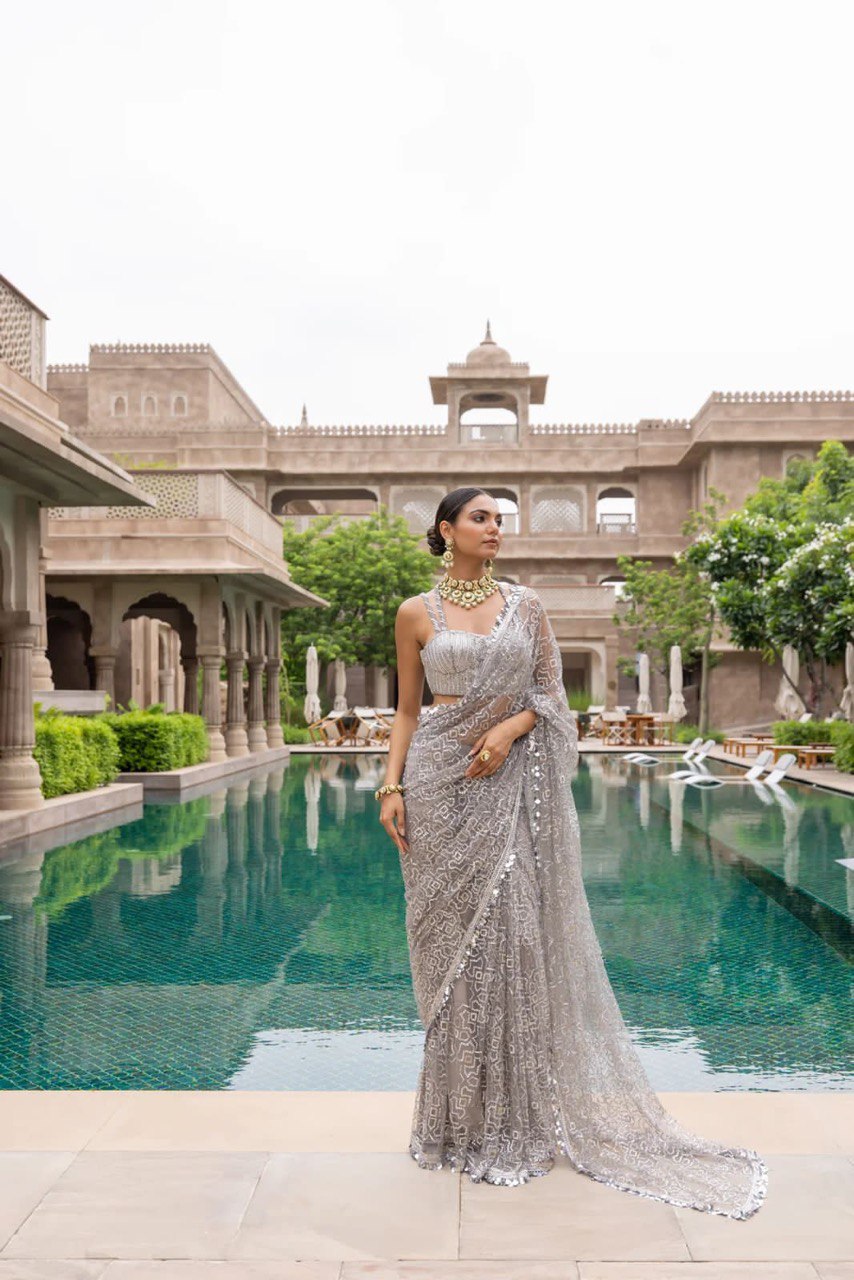 BUTTERY FLY HEAVY NET WITH SEQUANCE WORK SAREE