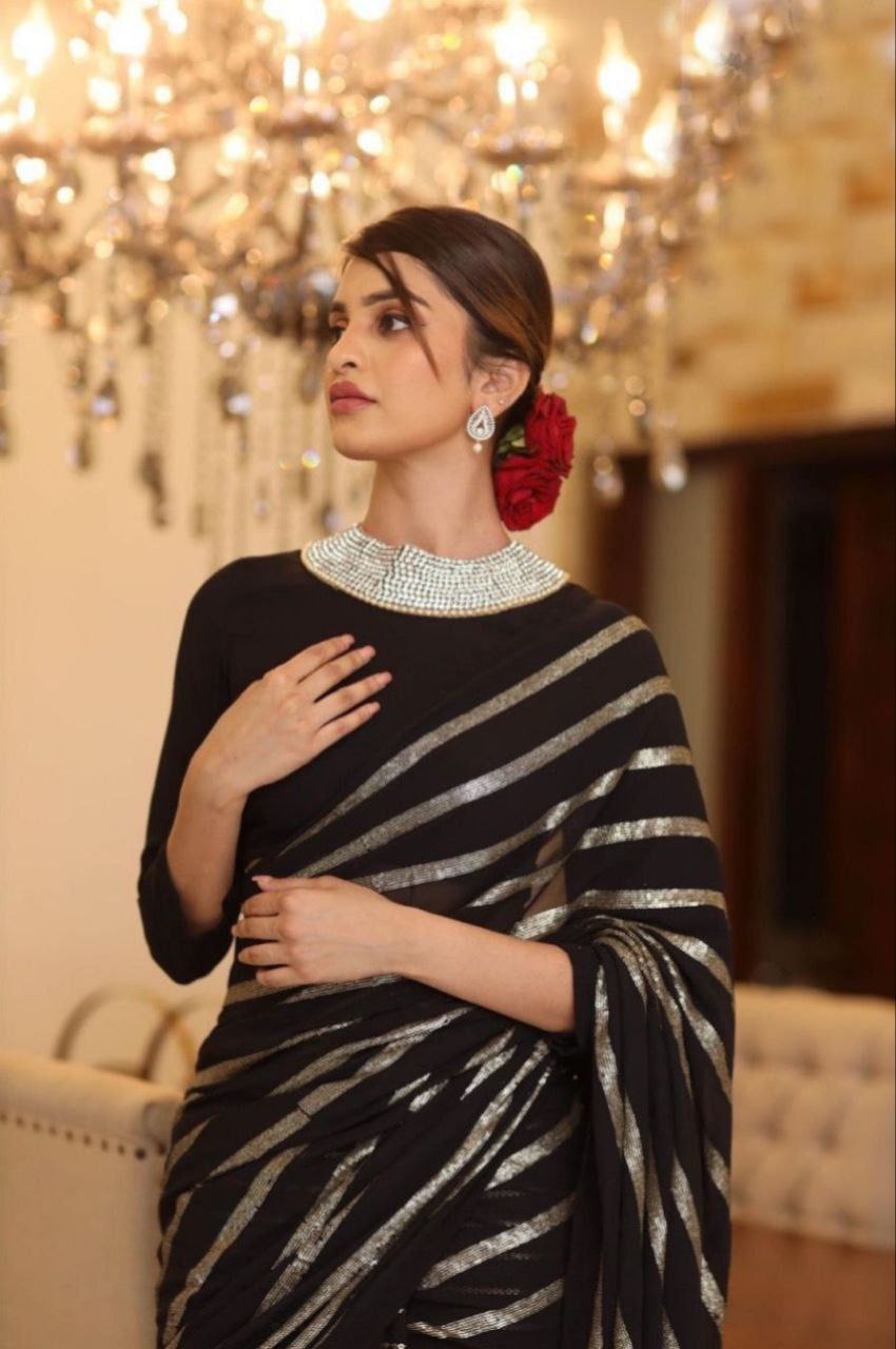 Black Color Georgette Sequence Designer Saree