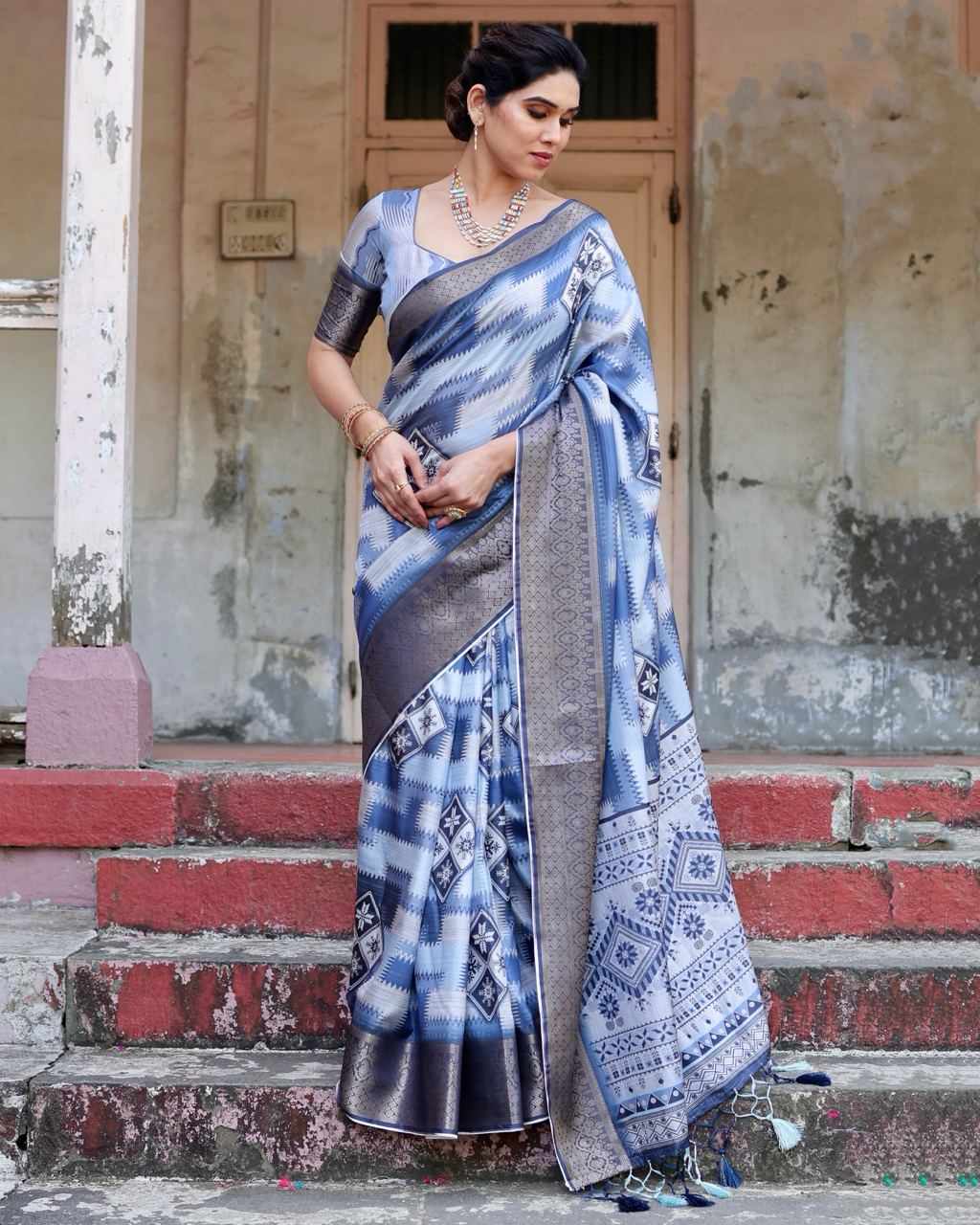Blue White Digital Print Dolla Silk Party Wear Ethnic Saree With Blouse
