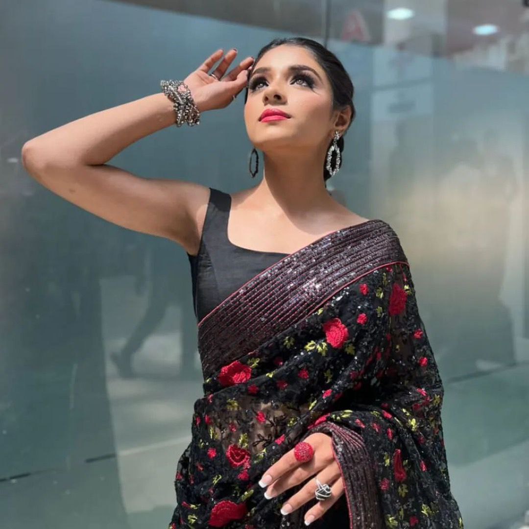 Black Multi Embroidery Work Butterfly Net Saree