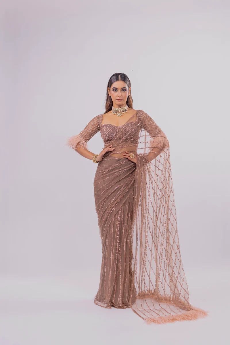 Hand Embroidered Saree with Feathers