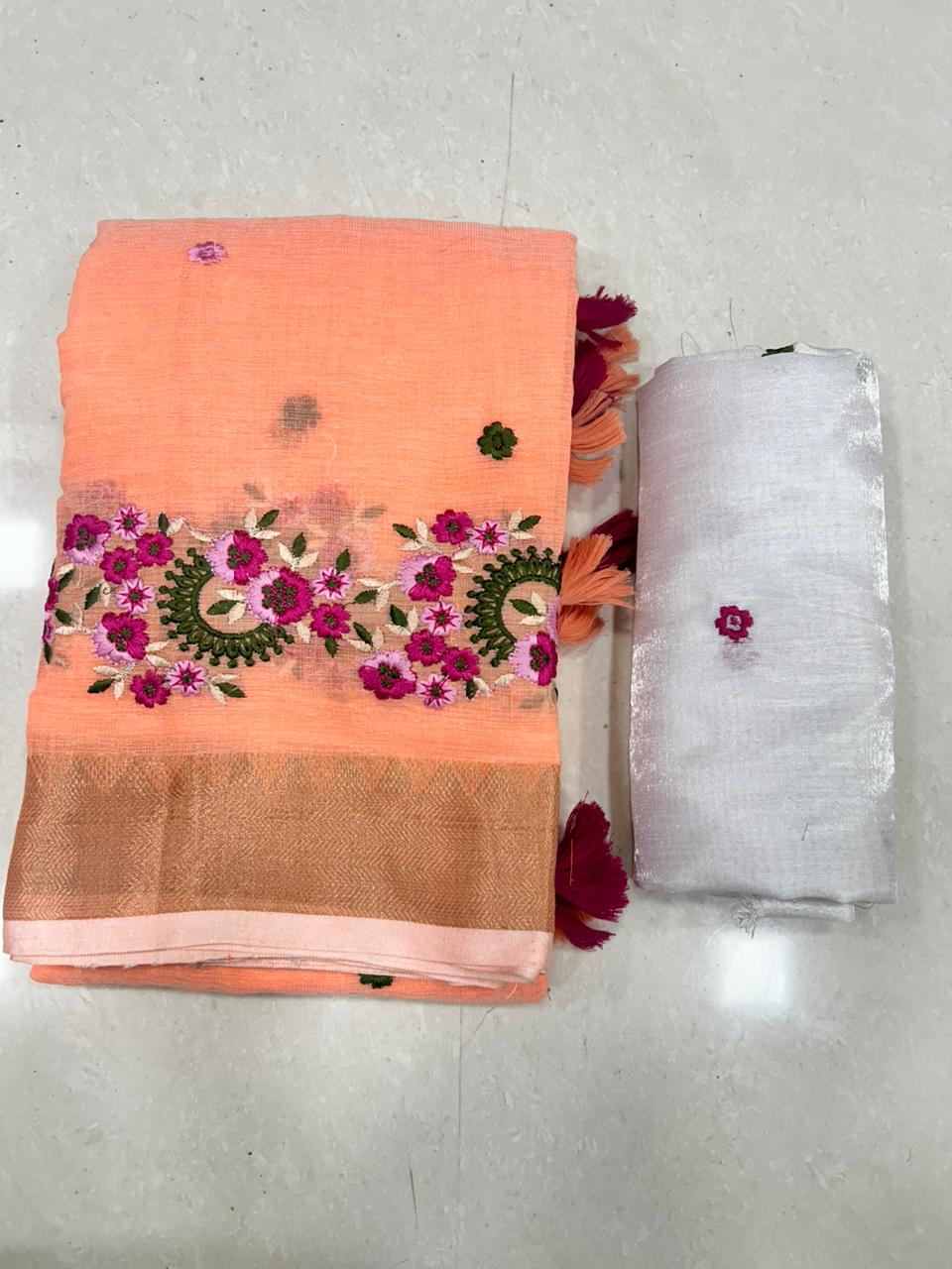 Embroidery Soft Linen Designer Sarees