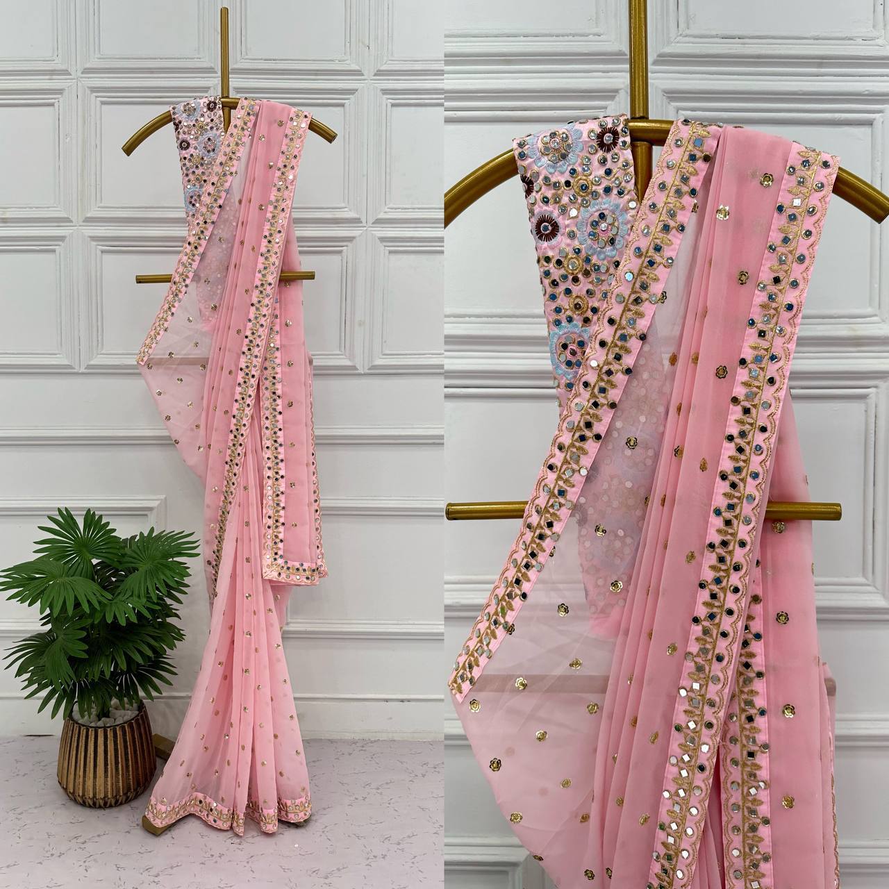 Khushi kapoor pink georgette sequence mirror work designer bollywood saree
