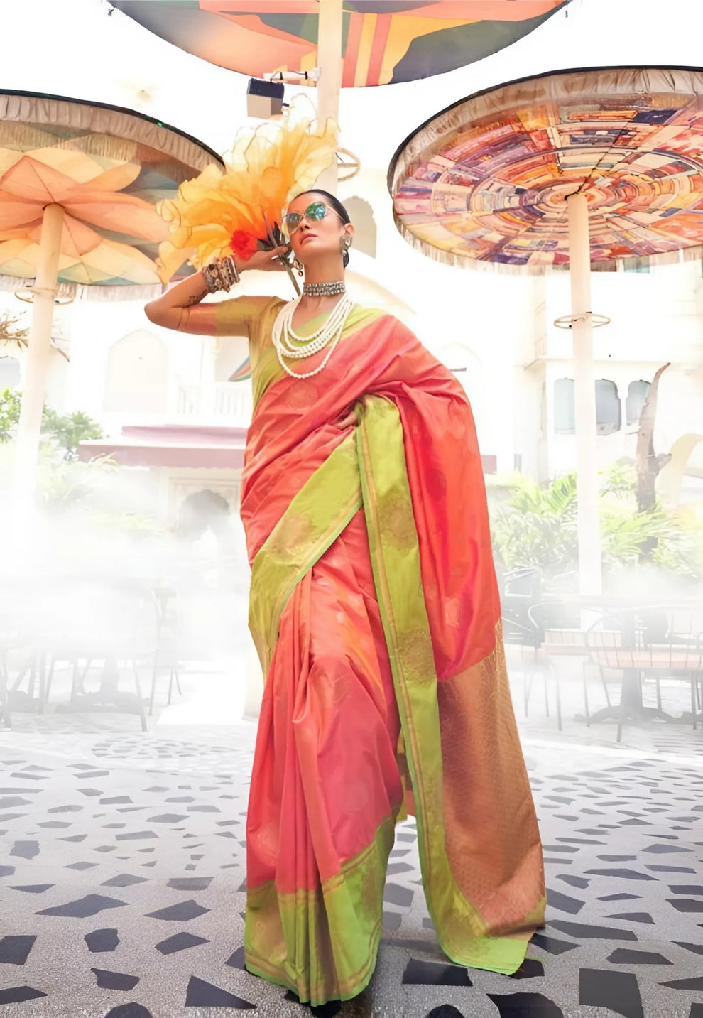Orange Peach Dual Tone Woven Banarasi Silk Saree