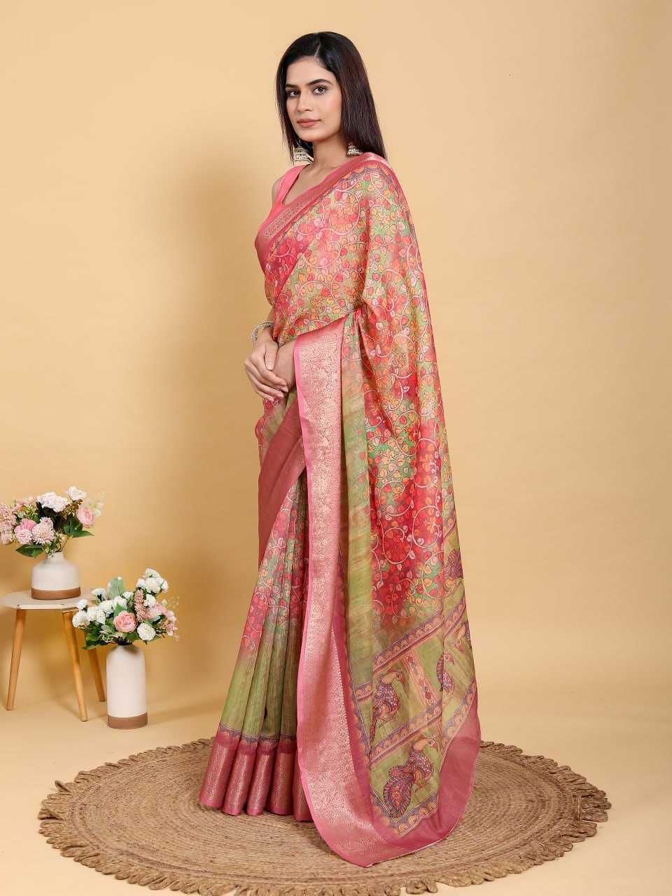 Premium Linen Cotton Saree with Jacquard Patta Weaving and Contrast Border