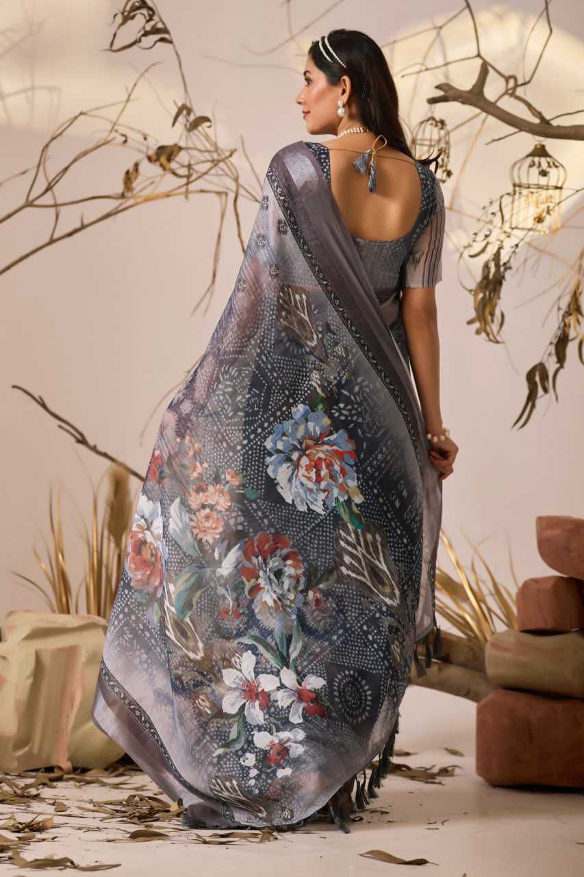 Premium Linen Cotton Saree with Digital Floral & Ethnic Print and Patola Style Border