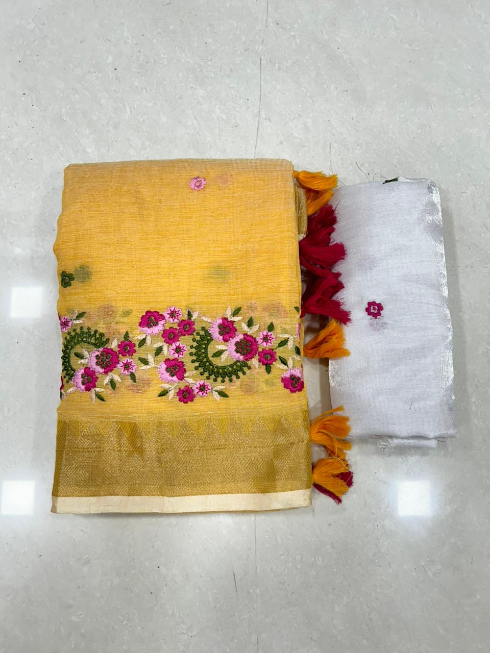 Embroidery Soft Linen Designer Sarees