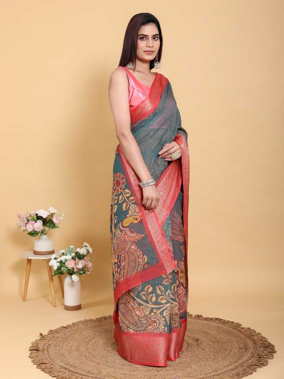 Jacquard Patta Linen Cotton Saree with Peacock & Floral Kalamkari Design and Coral-Red Border