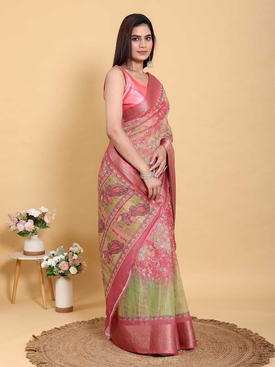 Premium Linen Cotton Saree with Jacquard Patta Weaving and Contrast Border