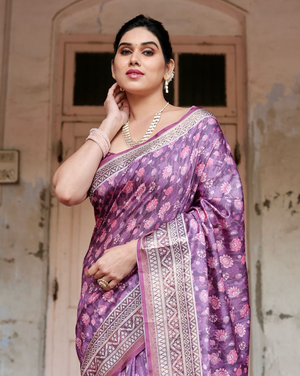Pure Silk Saree With Digital Print and Blouse in Purple Indian Silk Saree