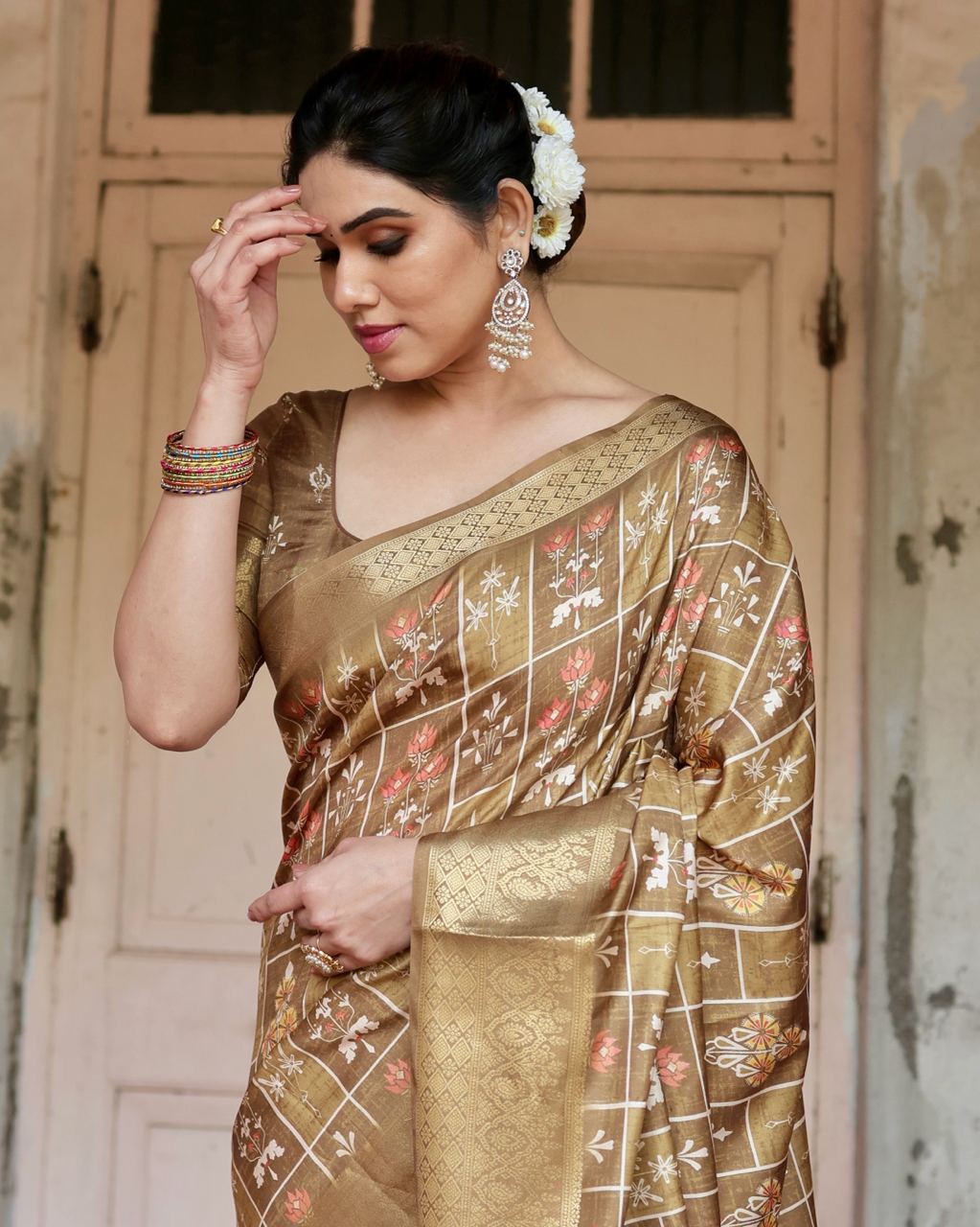 Golden Pure Silk Digitally Digital Printed Party Wear Saree