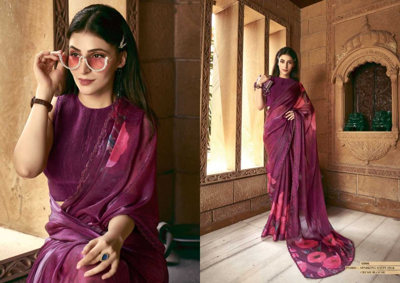 Exquisite Gajji Silk Floral Print Saree with Handwork & Stone Border