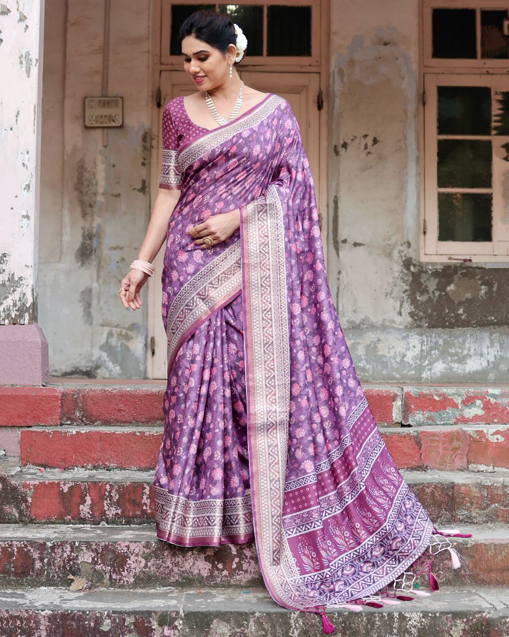 Pure Silk Saree With Digital Print and Blouse in Purple Indian Silk Saree