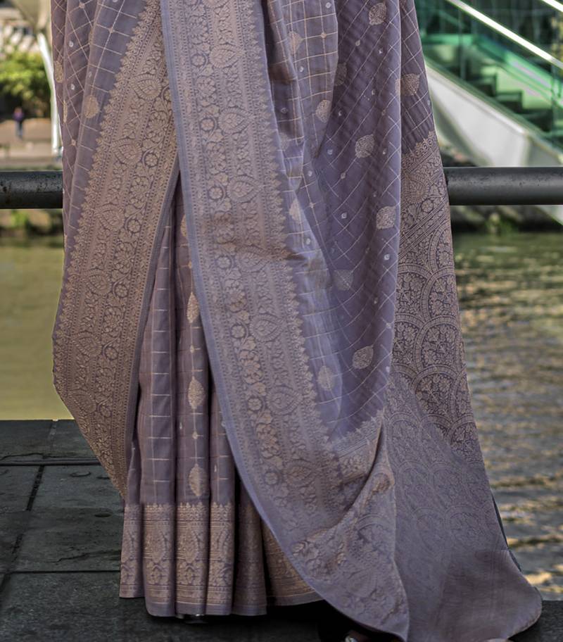 Pure Katan Silk Checks Handloom Weaving Saree (Grey)