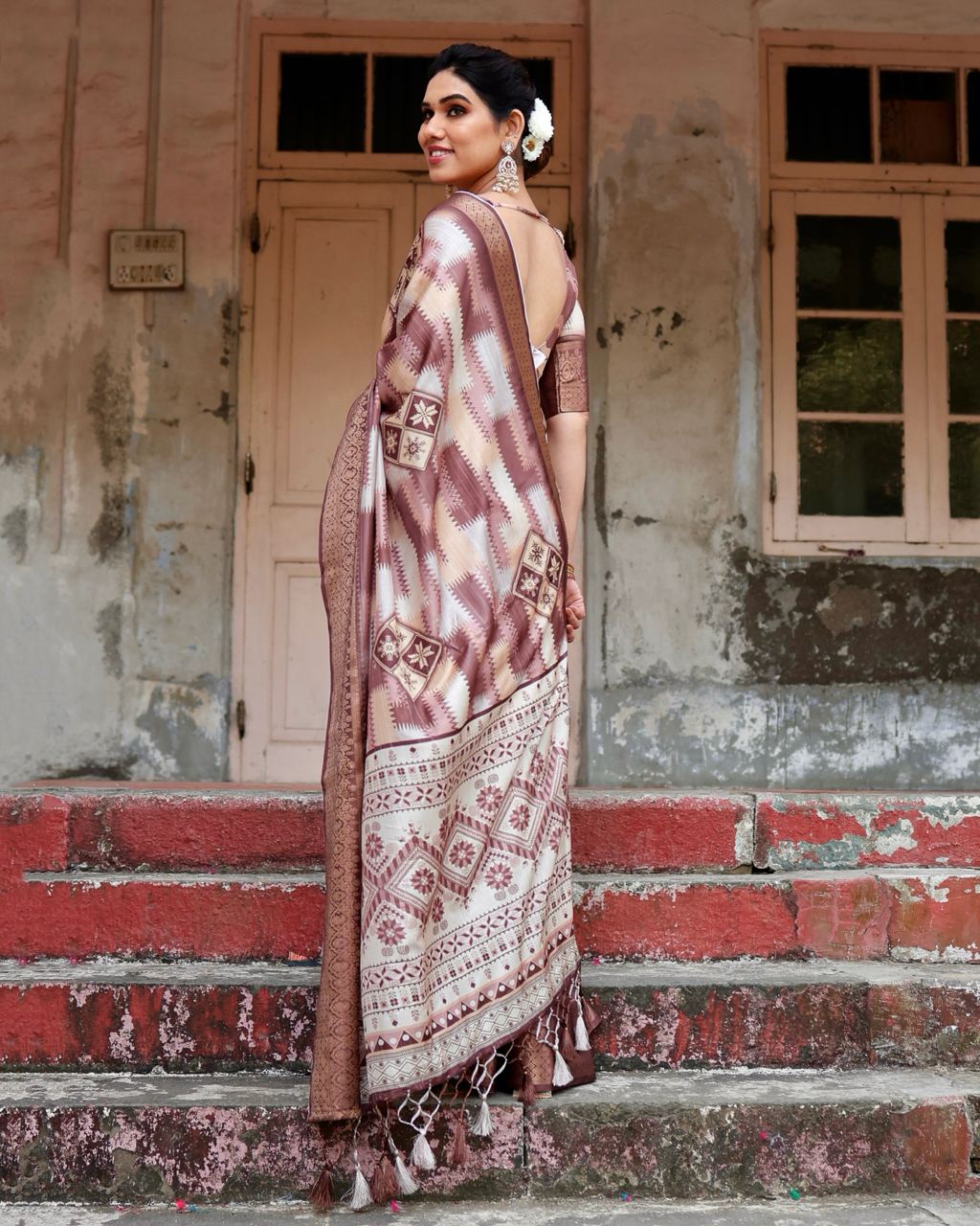 Brown Green Digital Print Dolla Silk Party Wear Ethnic Saree With Blouse