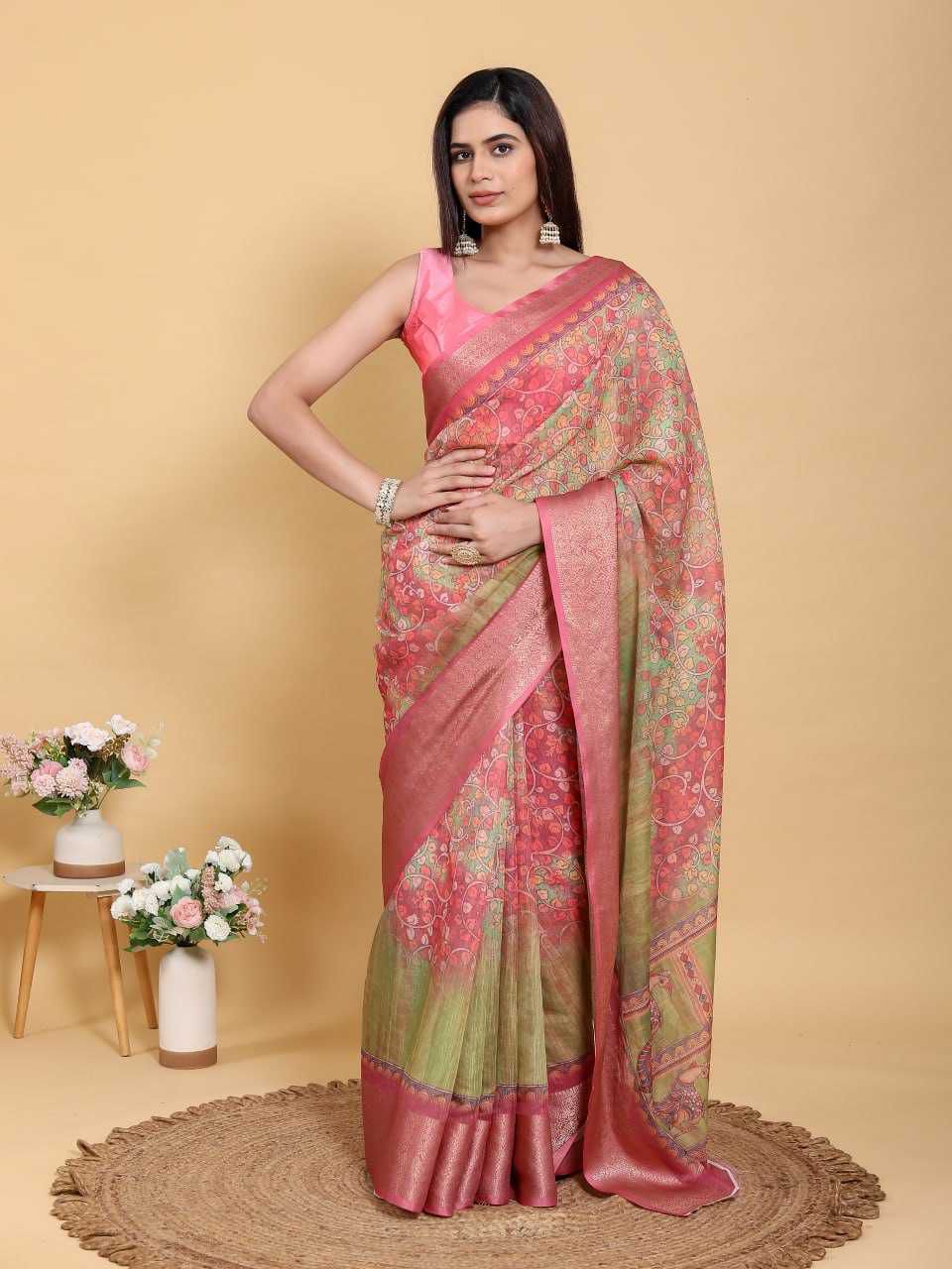 Premium Linen Cotton Saree with Jacquard Patta Weaving and Contrast Border