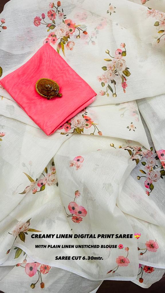 CREAMY LINEN DIGITAL FLOWER PRINTED SAREE