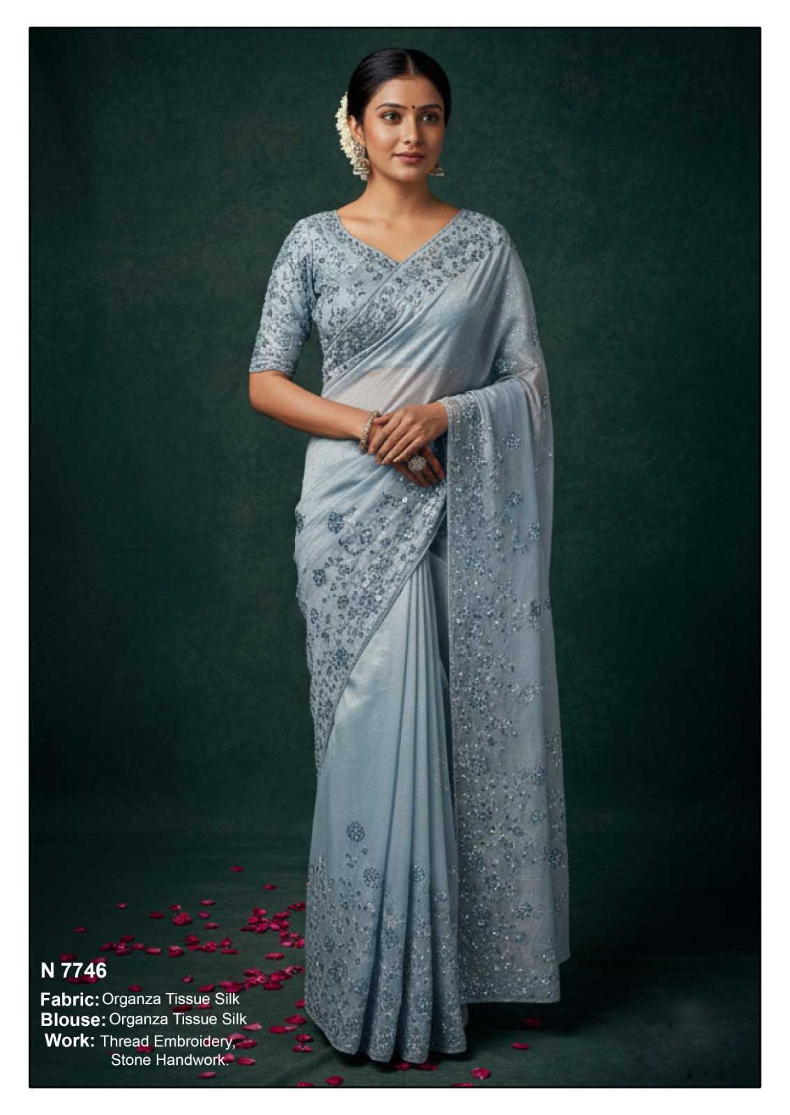 Organza Embroidered and Thread Work Contemporary Sari for Ceremonial