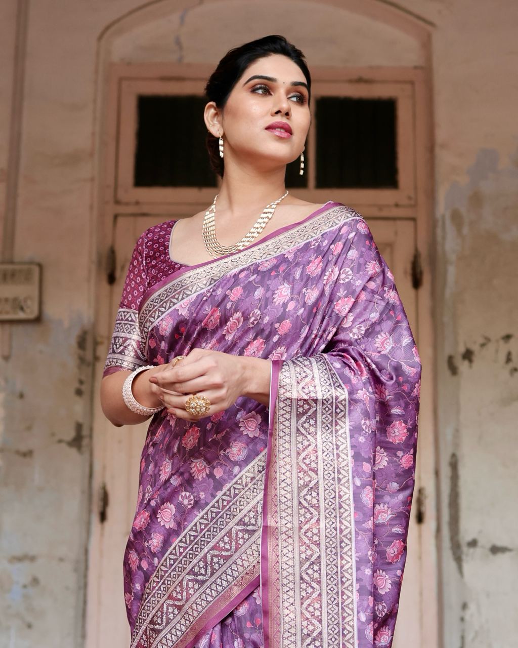 Pure Silk Saree With Digital Print and Blouse in Purple Indian Silk Saree