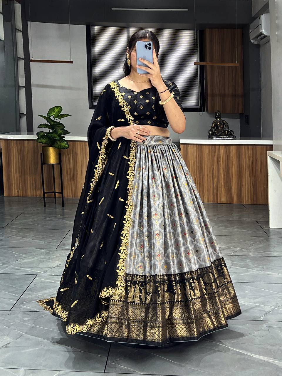 Alluring Grey Dolla Silk Bandhani Print Festive Wear Lehenga Choli