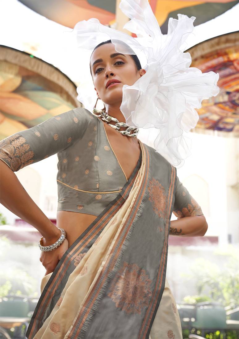 Pure Katan Banarsi Weaving Silk Blend Saree (Beige)
