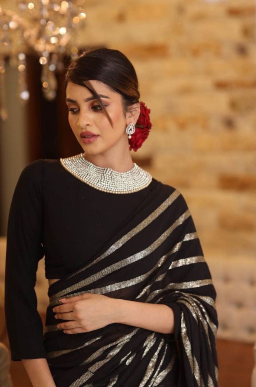 Black Color Georgette Sequence Designer Saree