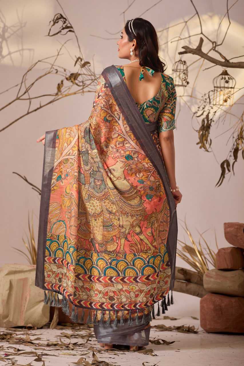 Premium Linen Cotton Saree with Digital Floral & Royal Ethnic Print and Patola Style Border