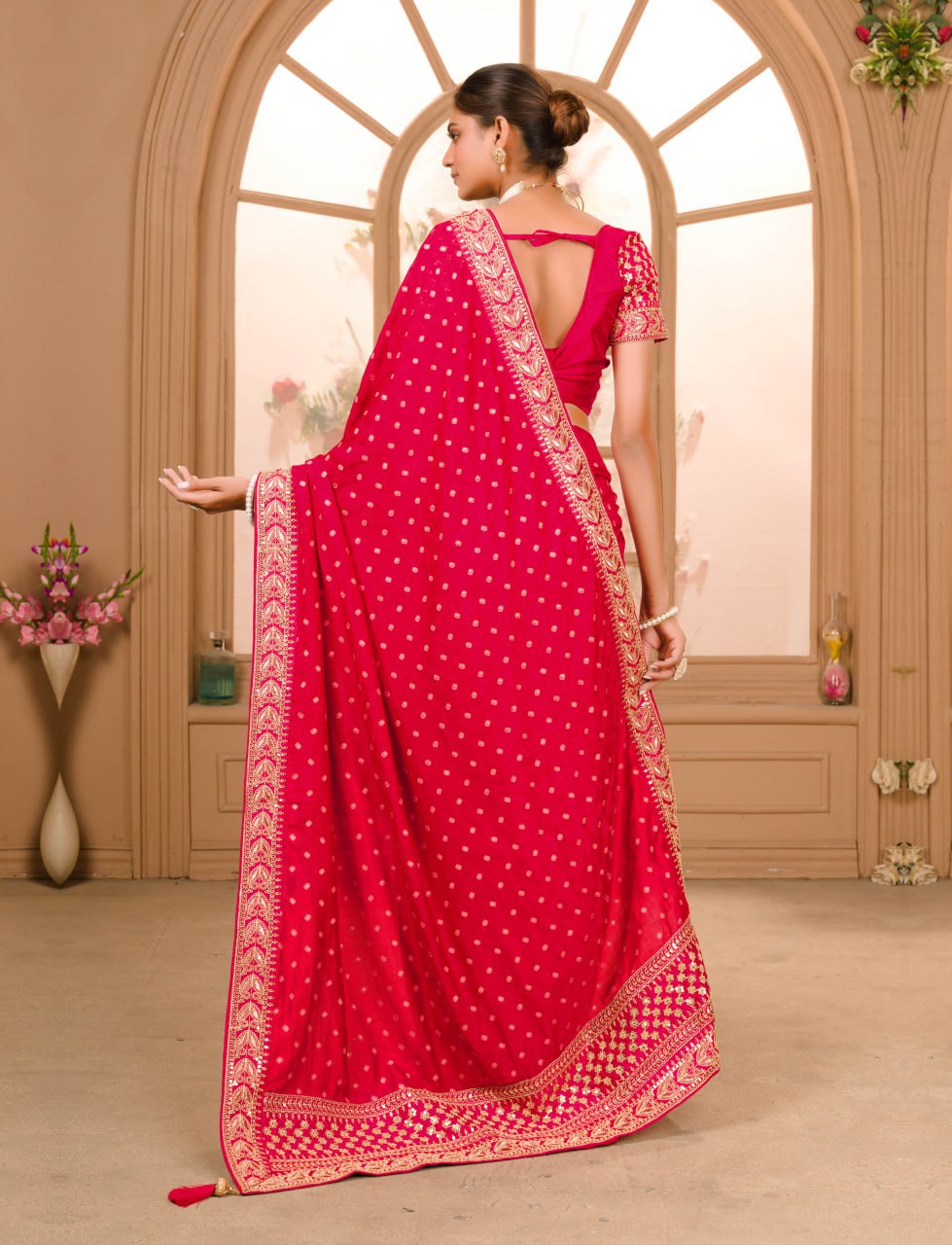 RANI COLOUR ZARI SEQUENCE WORK DESIGNER SAREE WITH BLOUSE