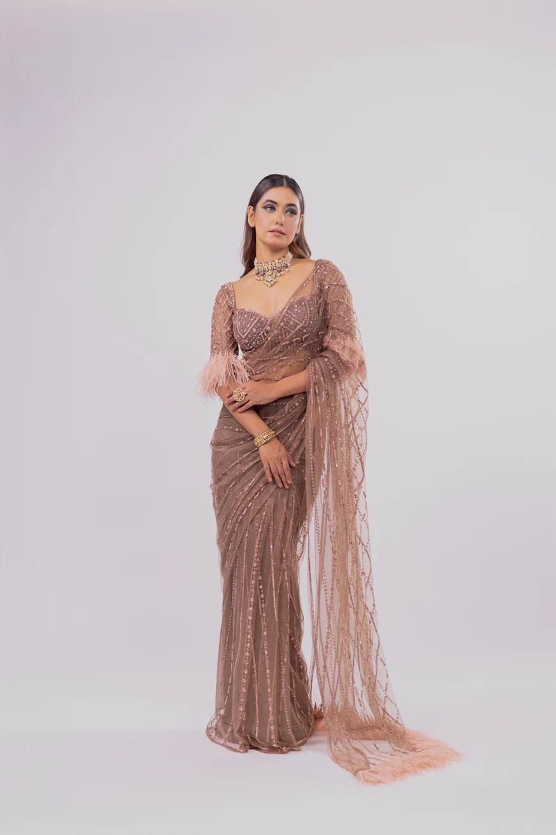 Hand Embroidered Saree with Feathers