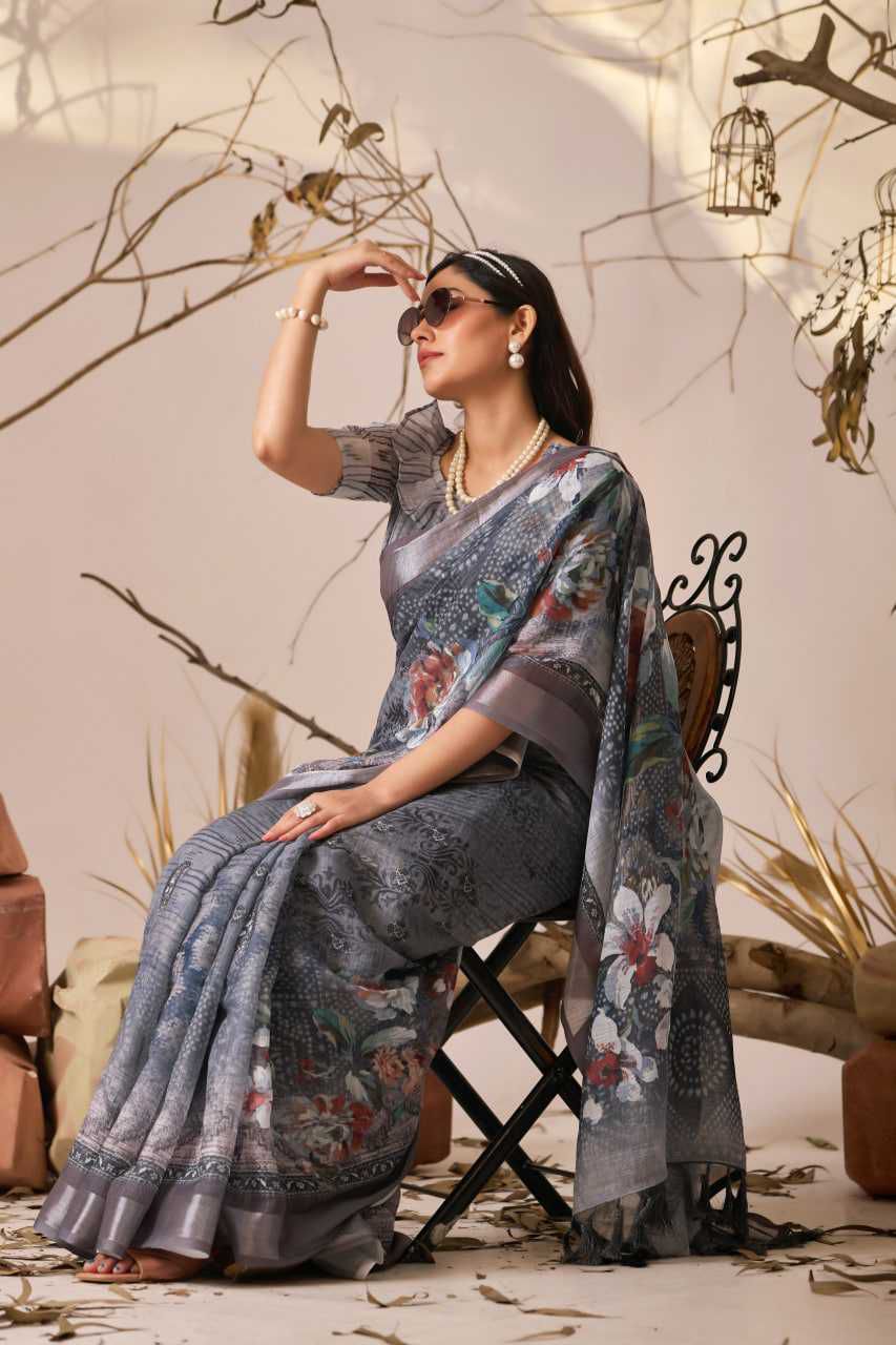 Premium Linen Cotton Saree with Digital Floral & Ethnic Print and Patola Style Border