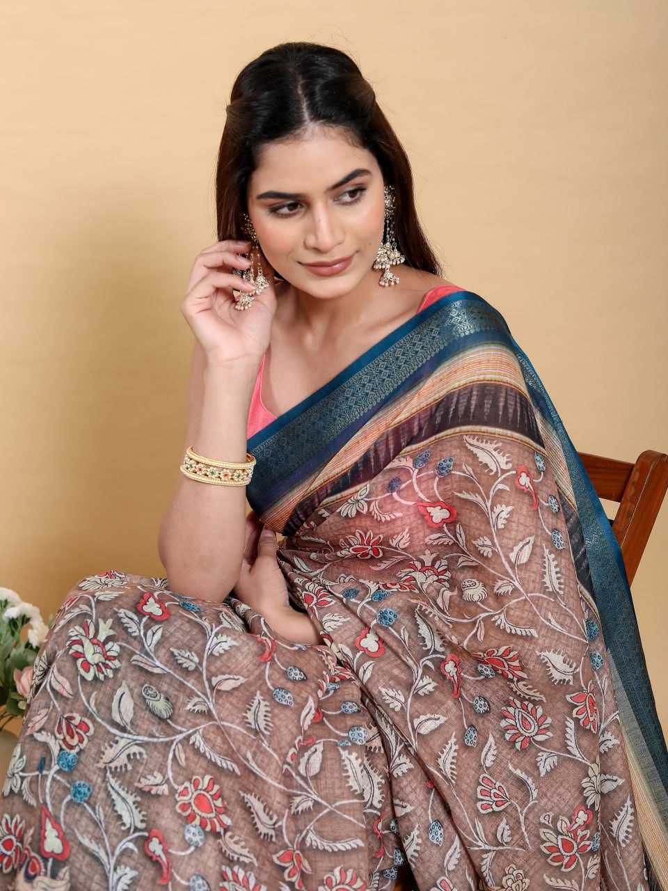 Jacquard Patta Linen Cotton Saree with Traditional Artistic Print & Teal Blue Border