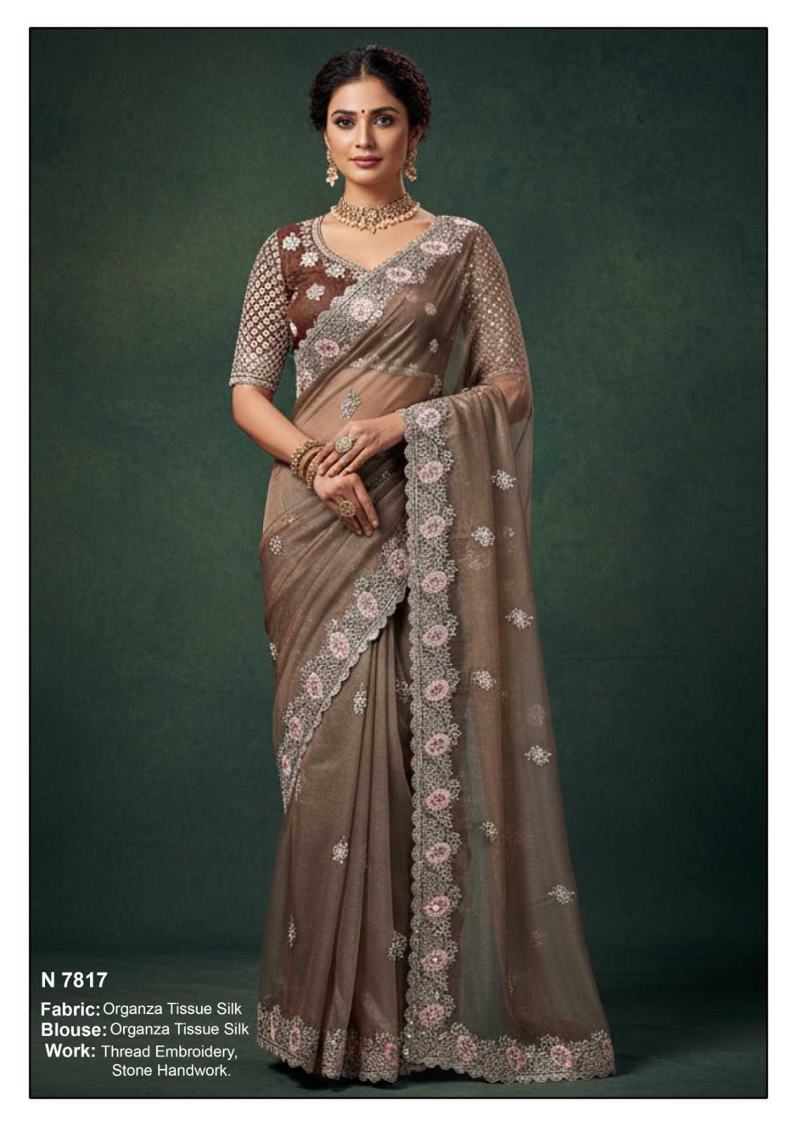 Organza Embroidered and Thread Work Contemporary Sari for Ceremonial