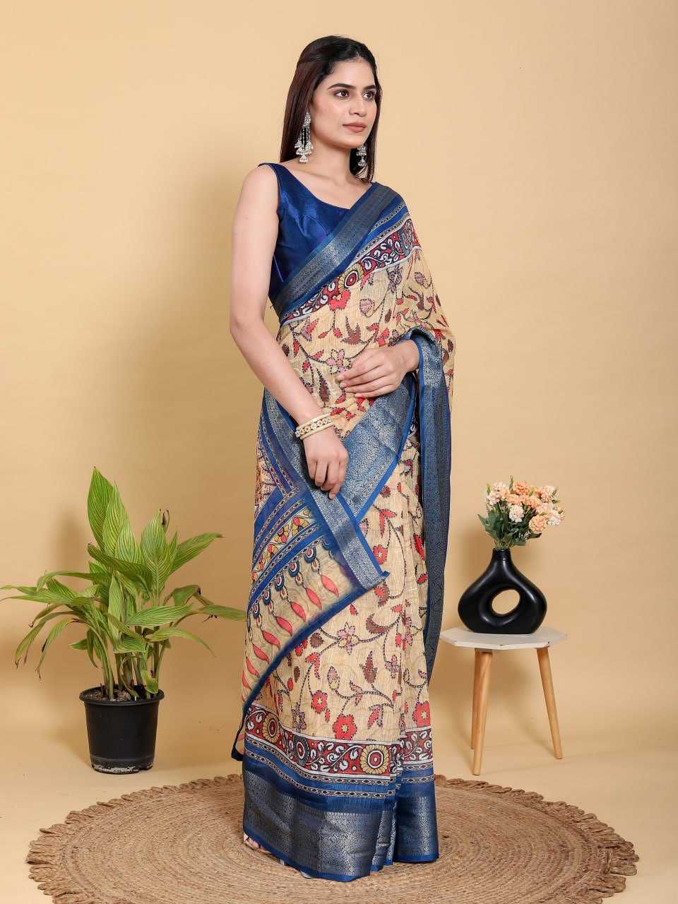 Jacquard Patta Linen Cotton Saree with Floral Print & Peacock Motif Pallu