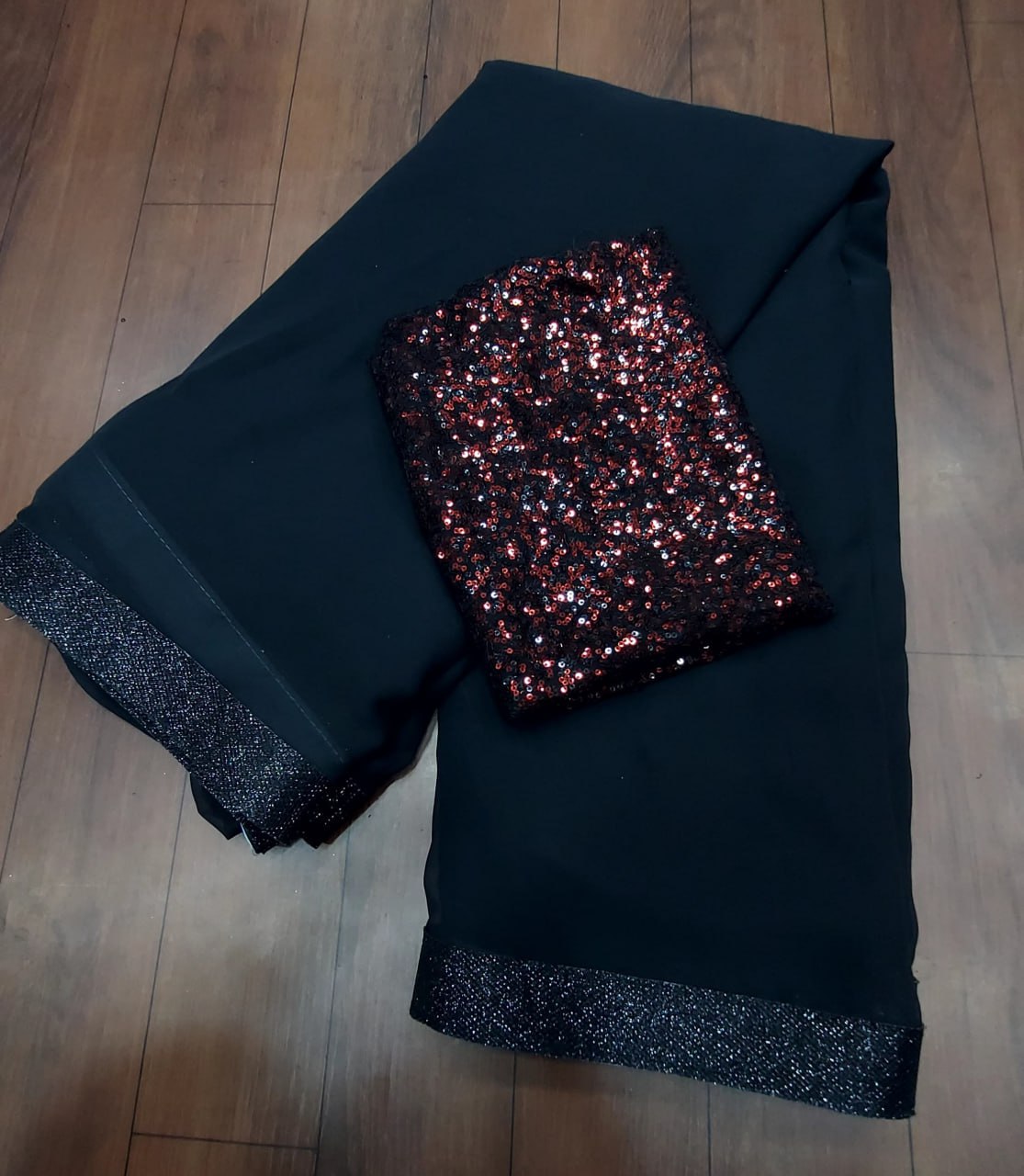 Black georgette Saree work : black sparkle lace border on saree