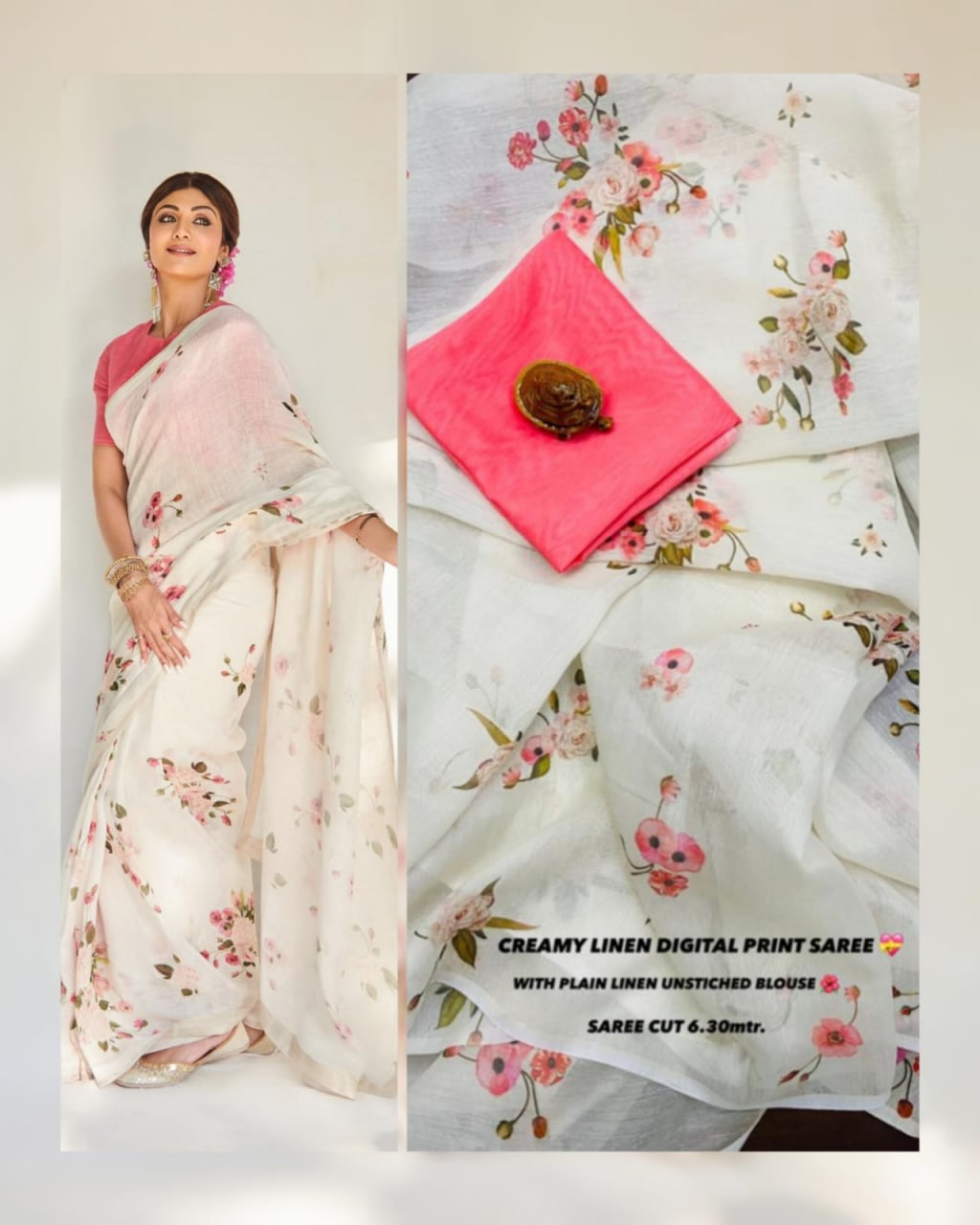 CREAMY LINEN DIGITAL FLOWER PRINTED SAREE